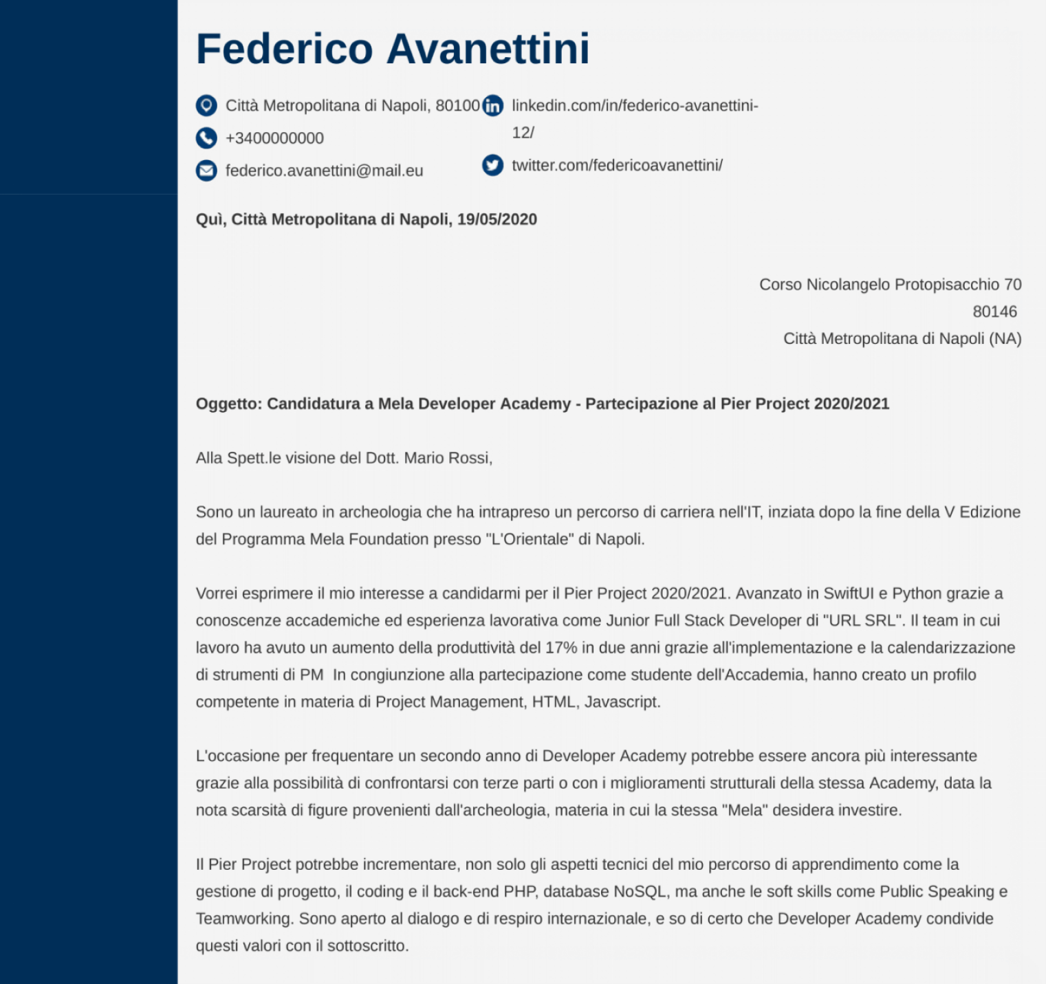 Esempio di Lettera di Presentazione