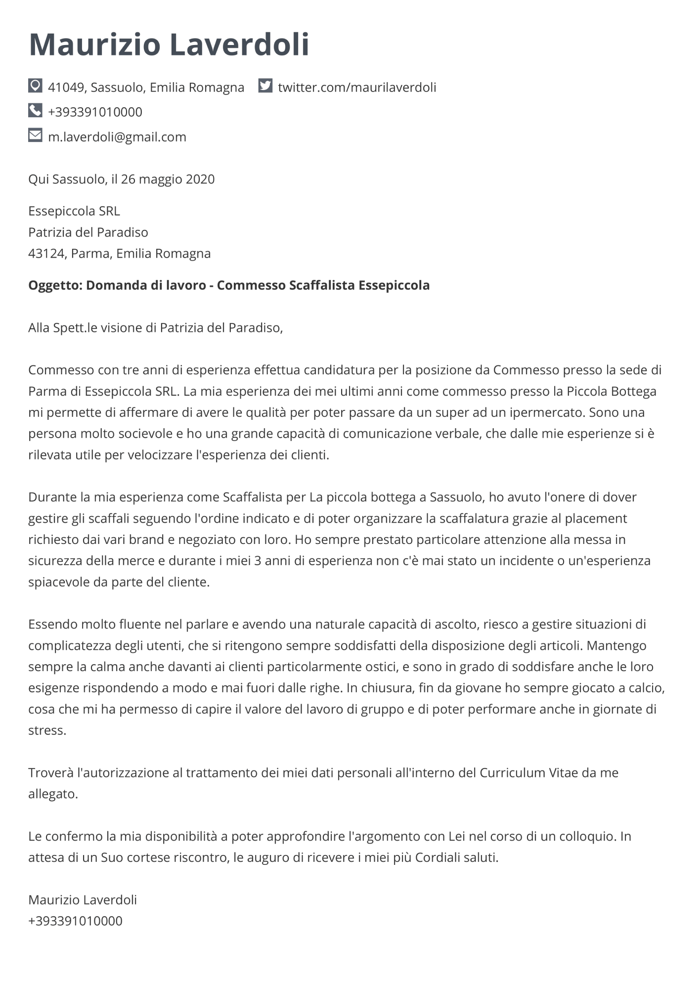 Lettera di presentazione commessa